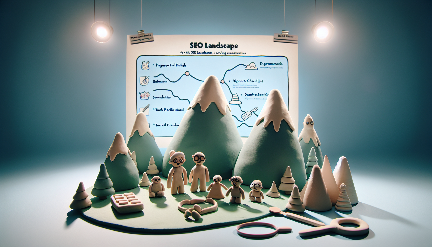 a small business owner reviewing an automated SEO checklist on a laptop, surrounded by notes and coffee, reflecting a focused and productive work environm…