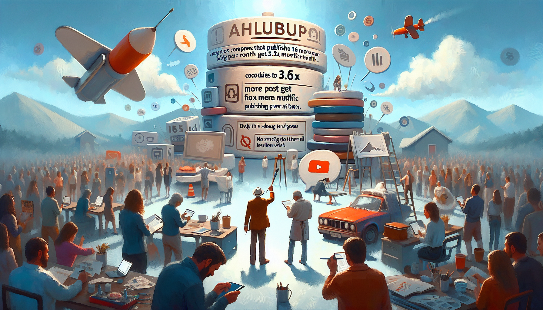 A small business team collaborates around a table, reviewing a content calendar and discussing strategies to optimize their publishing process for better …