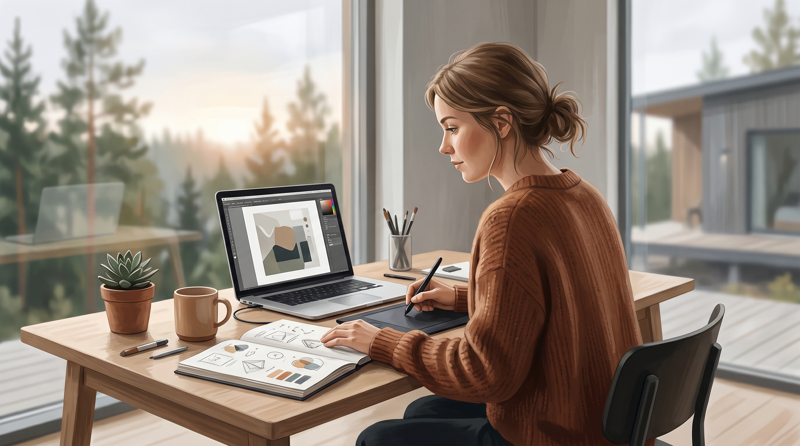Graafisen suunnittelun hinta — mistä se muodostuu ja mitä eri palvelut maksavat 1 1780898925460 A designer working intently at a computer, sketching logo concepts and layout designs, surrounded by color swatches and creative tools, illustrating graaf…