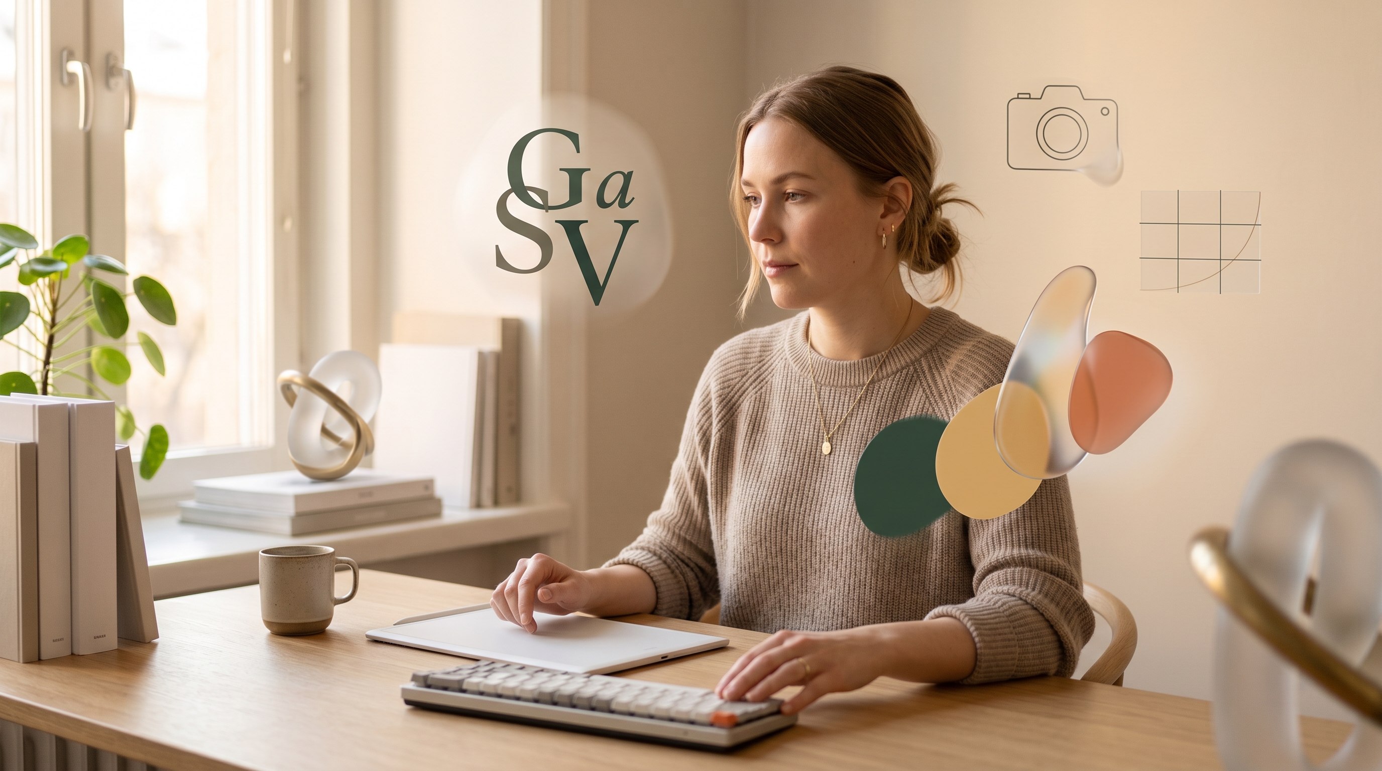 Mitä graafinen suunnittelu on — ja mitä se tekee markkinoinnille käytännössä 1 1781158359899 Graafinen suunnittelija työskentelee värikkään työpöydän äärellä, yhdistäen typografiaa ja kuvia luodakseen visuaalista viestintää markkinoinnin tueksi.