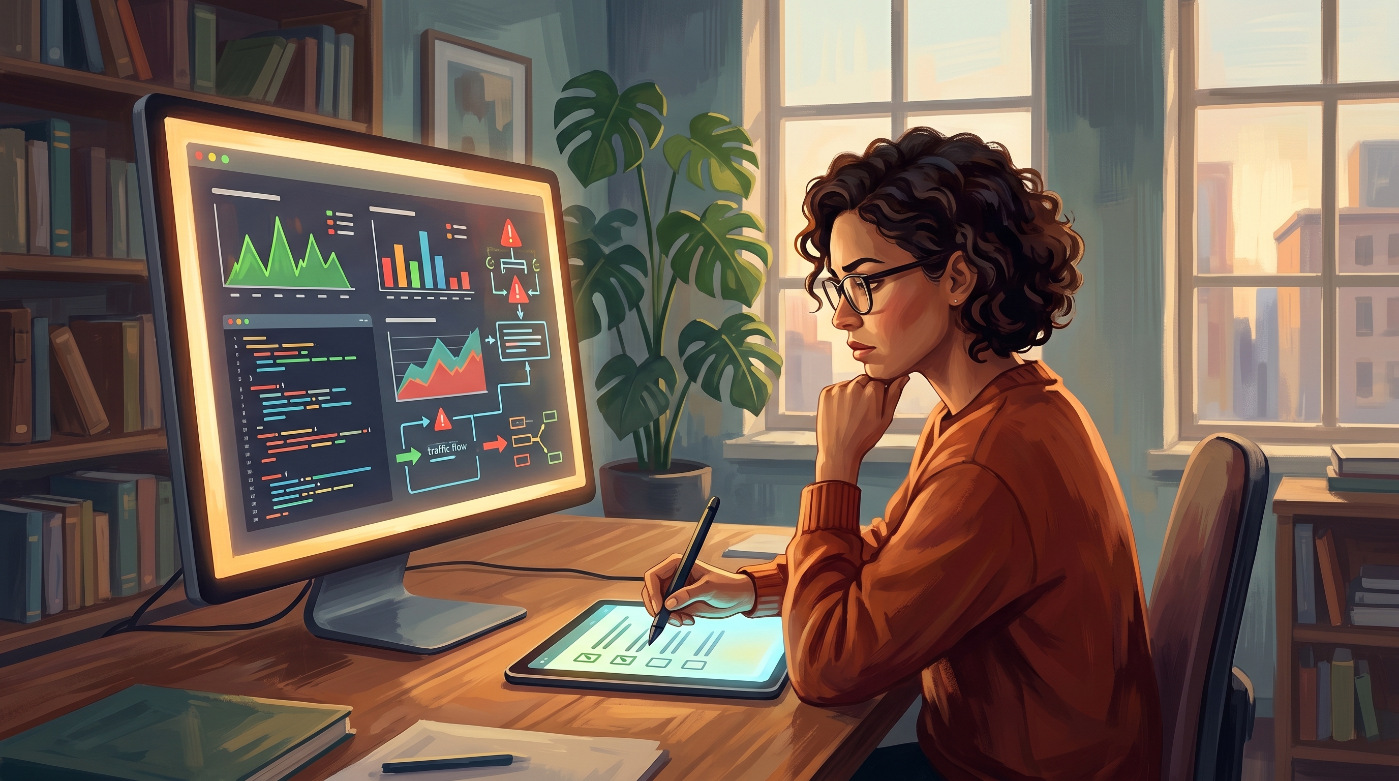 A focused professional analyzing a website's performance on a laptop, surrounded by notes and charts, emphasizing the importance of an SEO audit checklist…
