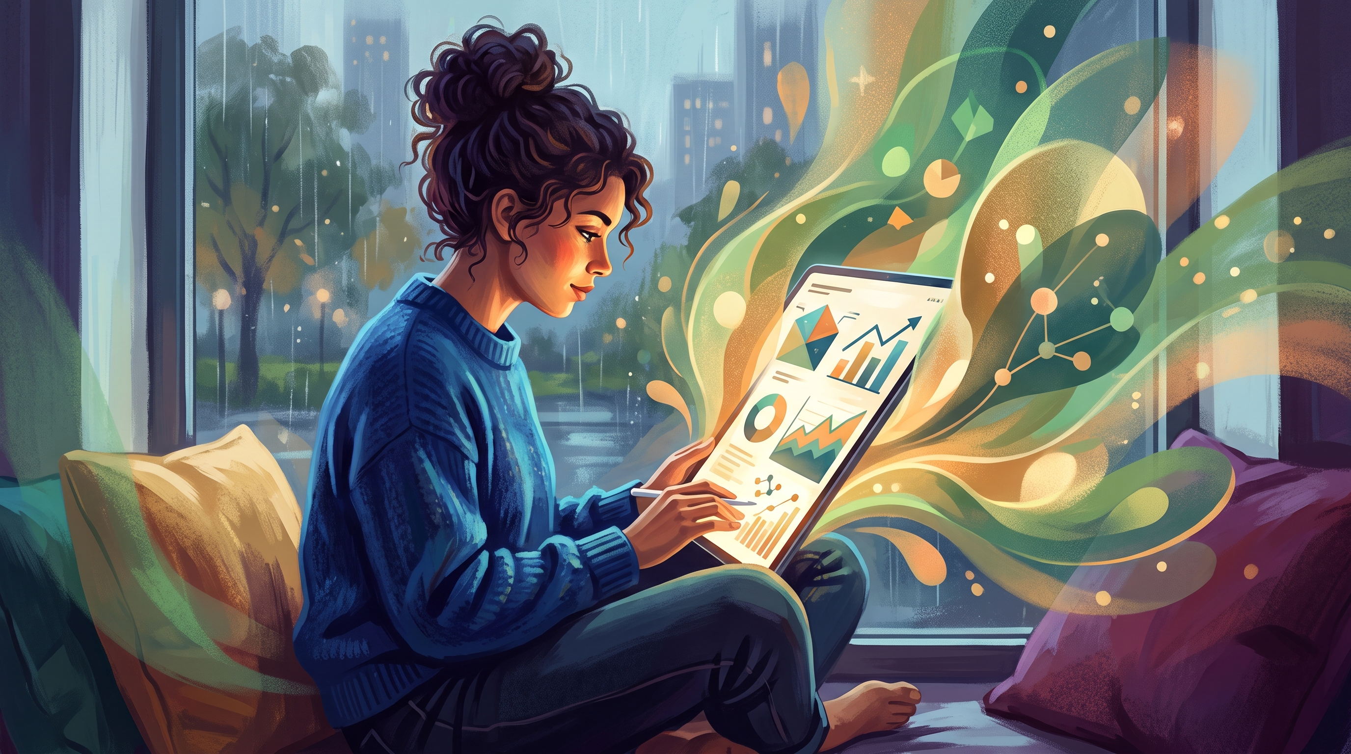 A focused workspace with a laptop displaying analytics, surrounded by notes and coffee, illustrating the process of using AI content optimization tools fo…