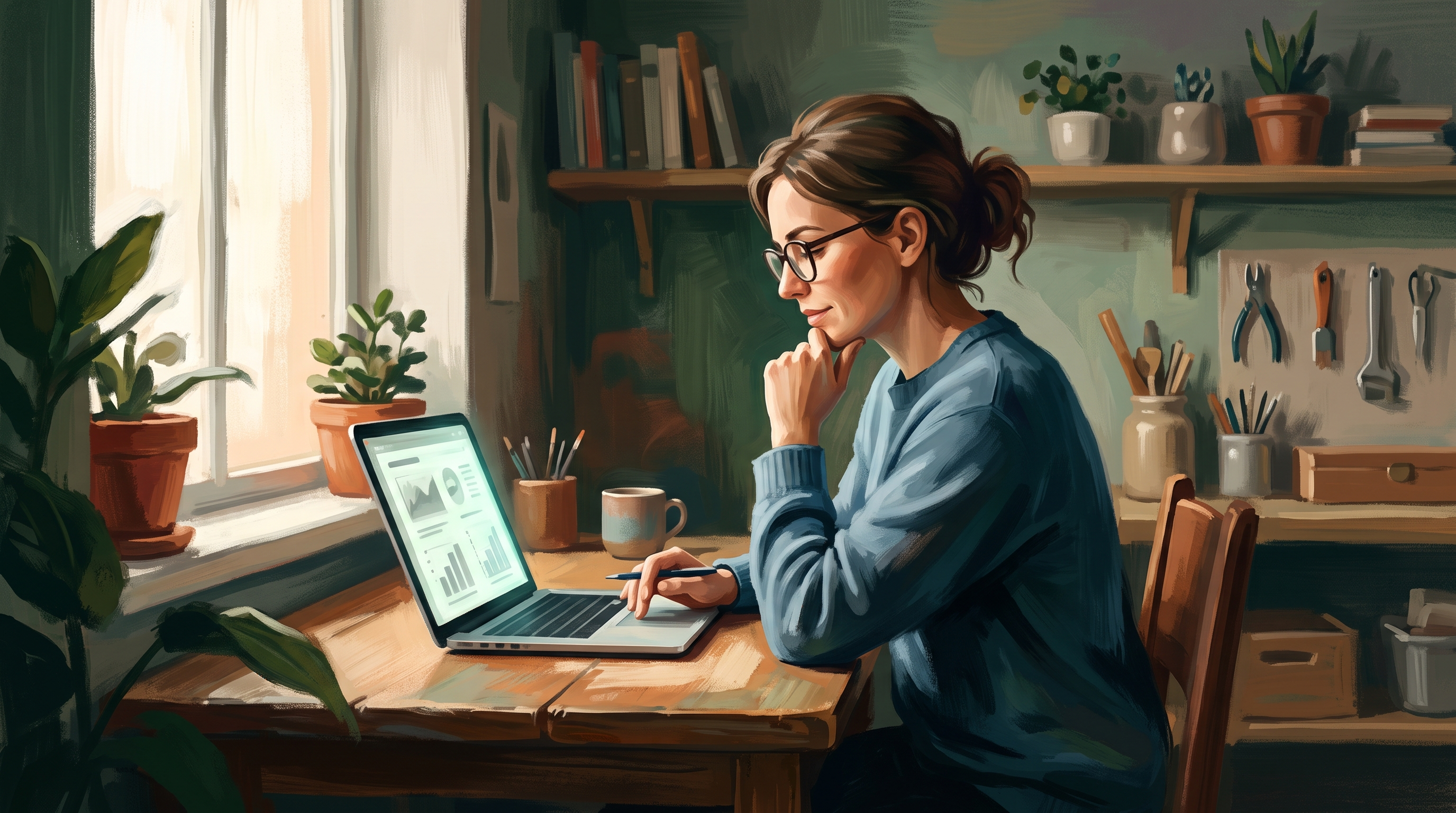 A small business owner analyzes SEO strategies at a desk cluttered with notes and tools, contemplating affordable SEO for small business solutions.