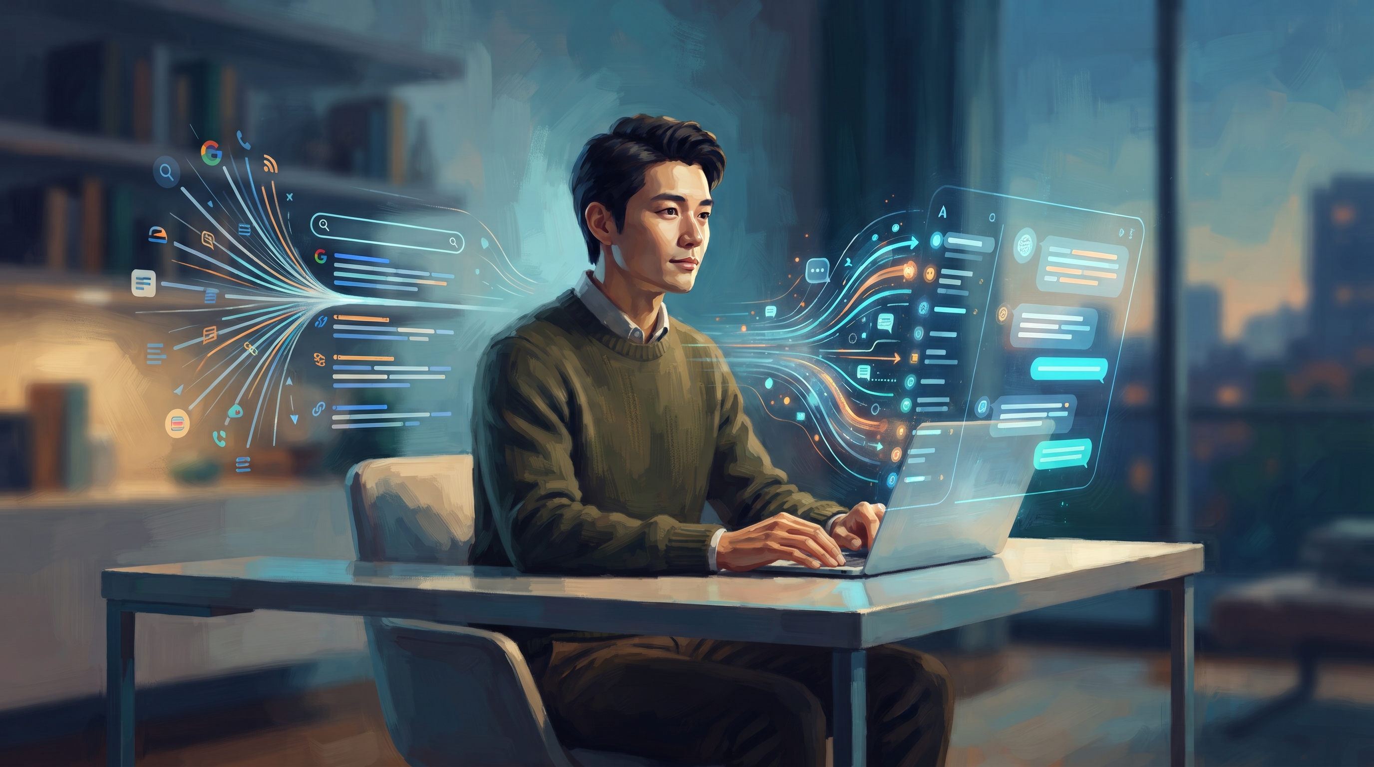 A diverse group of marketers collaborates around a table, analyzing data and brainstorming strategies to enhance AI search visibility for their brands.