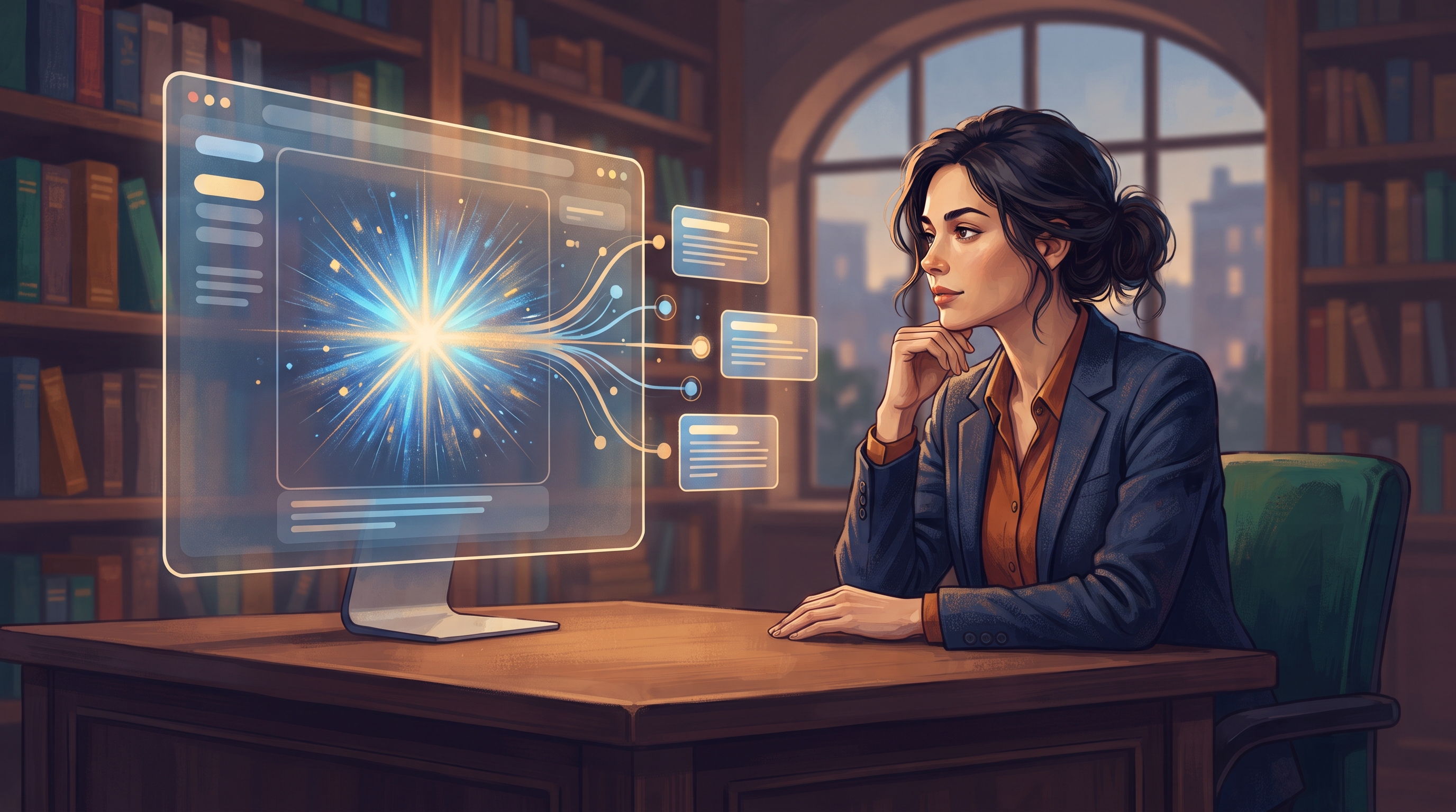 A focused team analyzes AI search visibility tracking tools on a digital dashboard, discussing metrics that enhance citation quality over quantity.