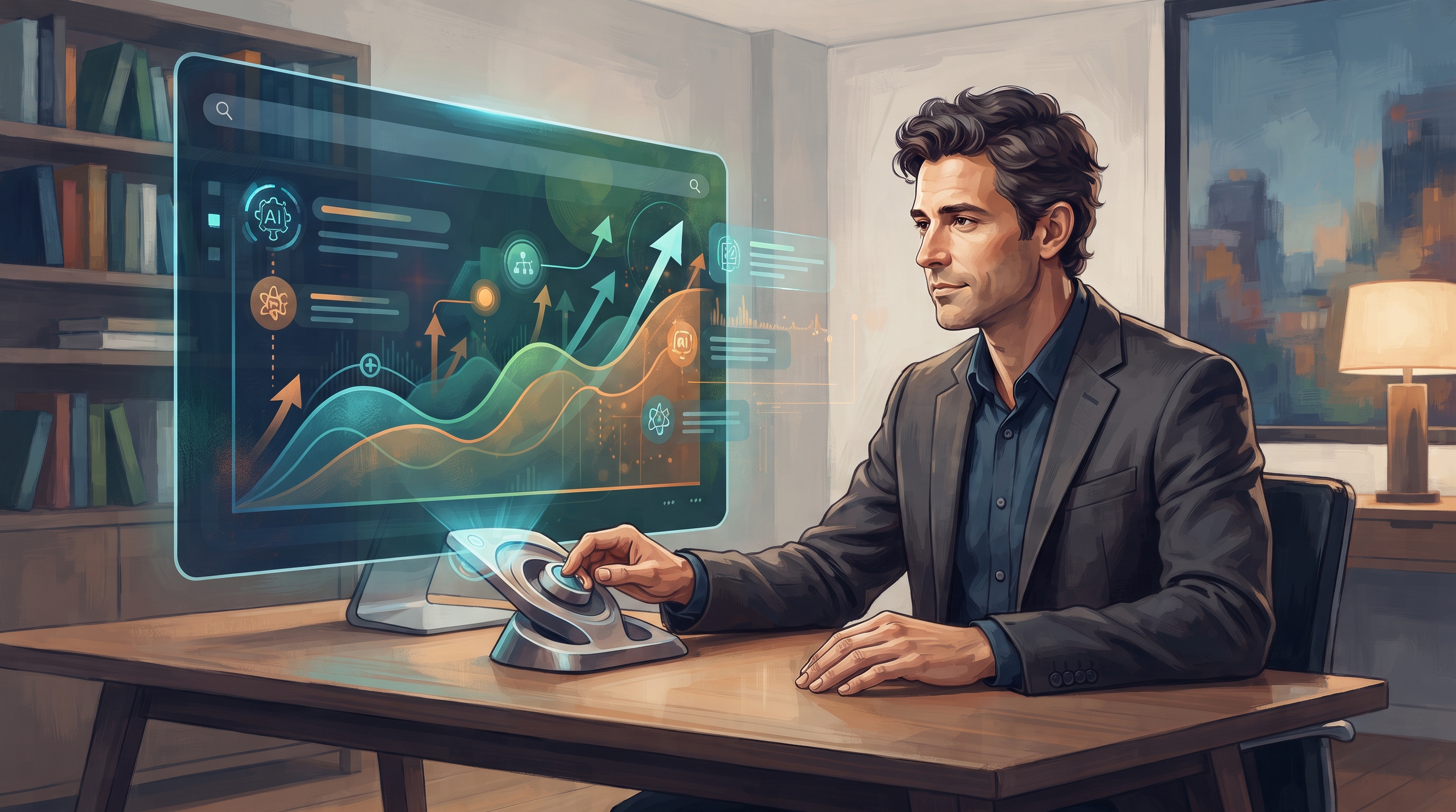 A focused entrepreneur analyzes data on a laptop, surrounded by charts and graphs, contemplating the impact of an AI search visibility tracking tool on we…