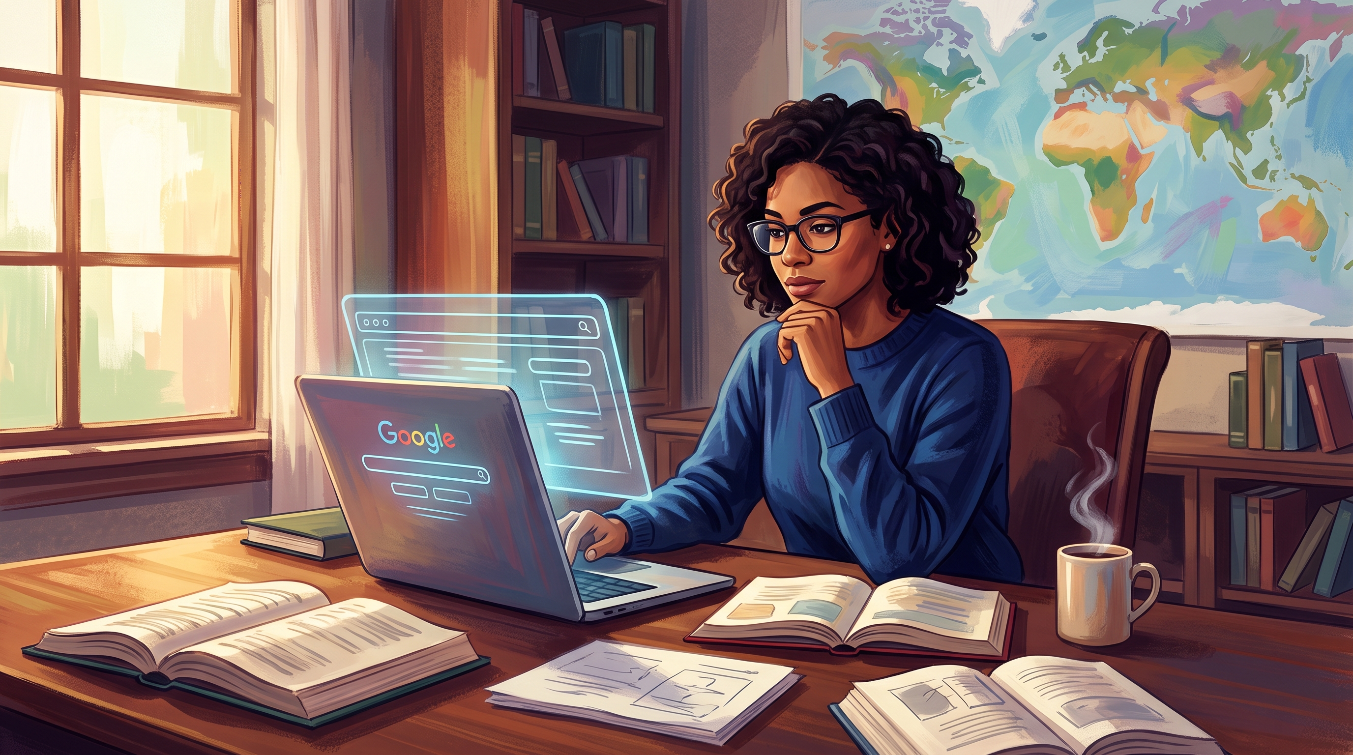 A frustrated website owner examines analytics on a laptop, surrounded by notes, highlighting the challenges of AI search problems and visibility issues.