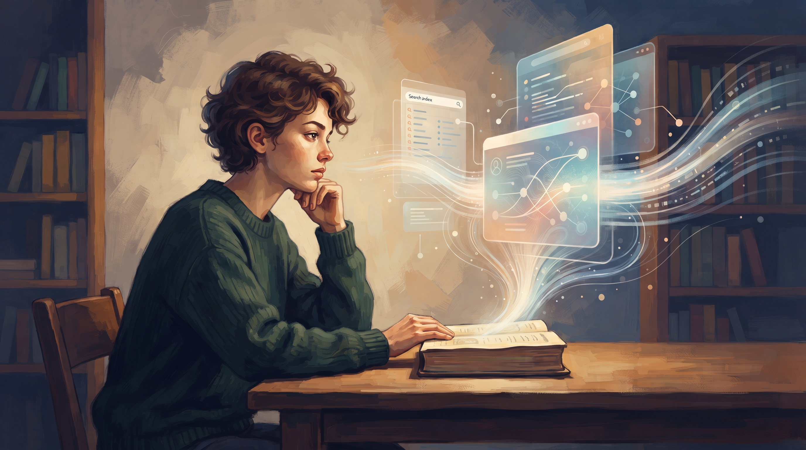 A focused writer analyzing data on AI content optimization, surrounded by notes and a laptop, in a cozy workspace filled with books and plants.