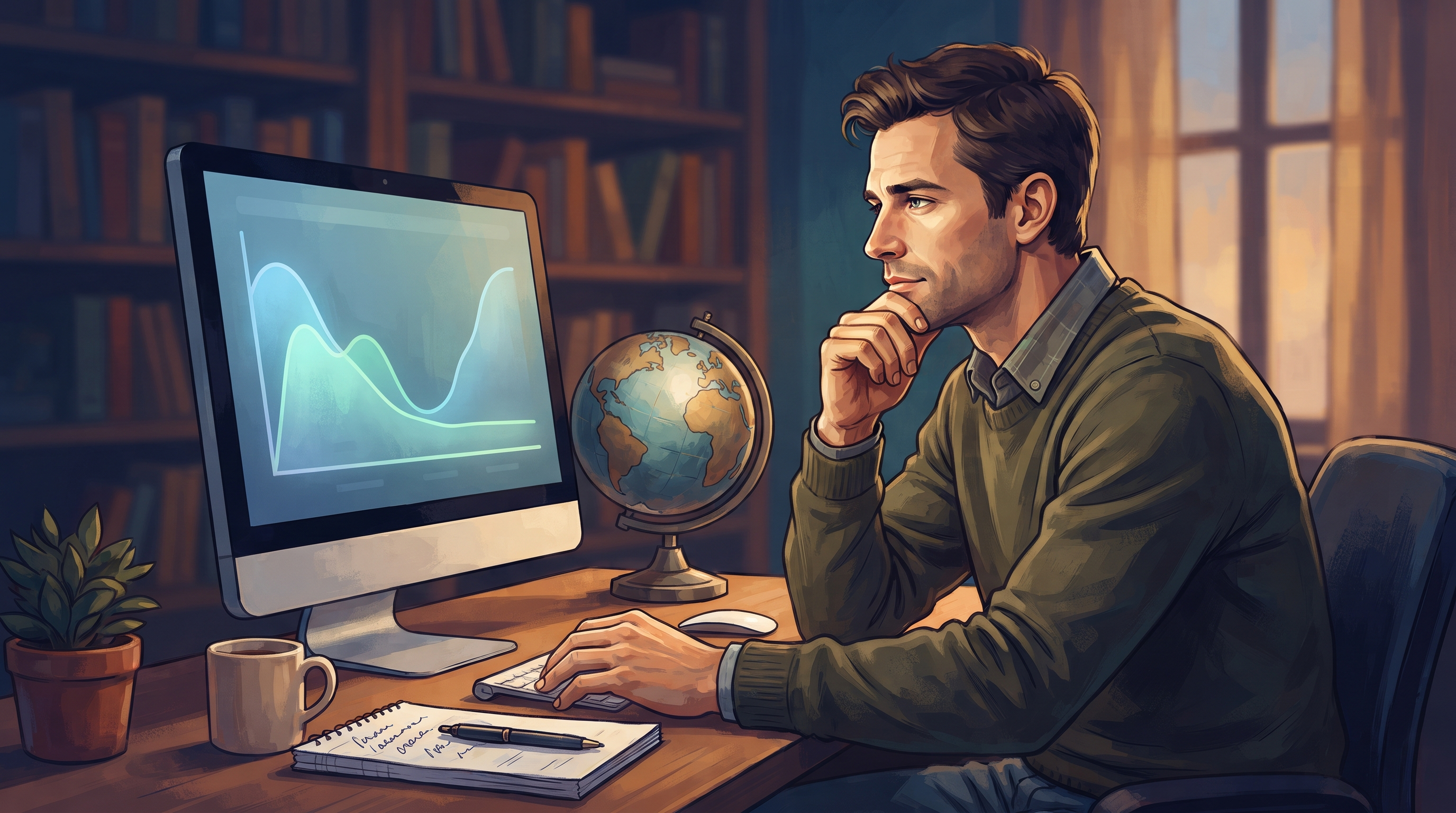 A focused workspace with a laptop displaying SEO analytics, a notepad with strategies, and a coffee cup, illustrating the exploration of small SEO tools a…