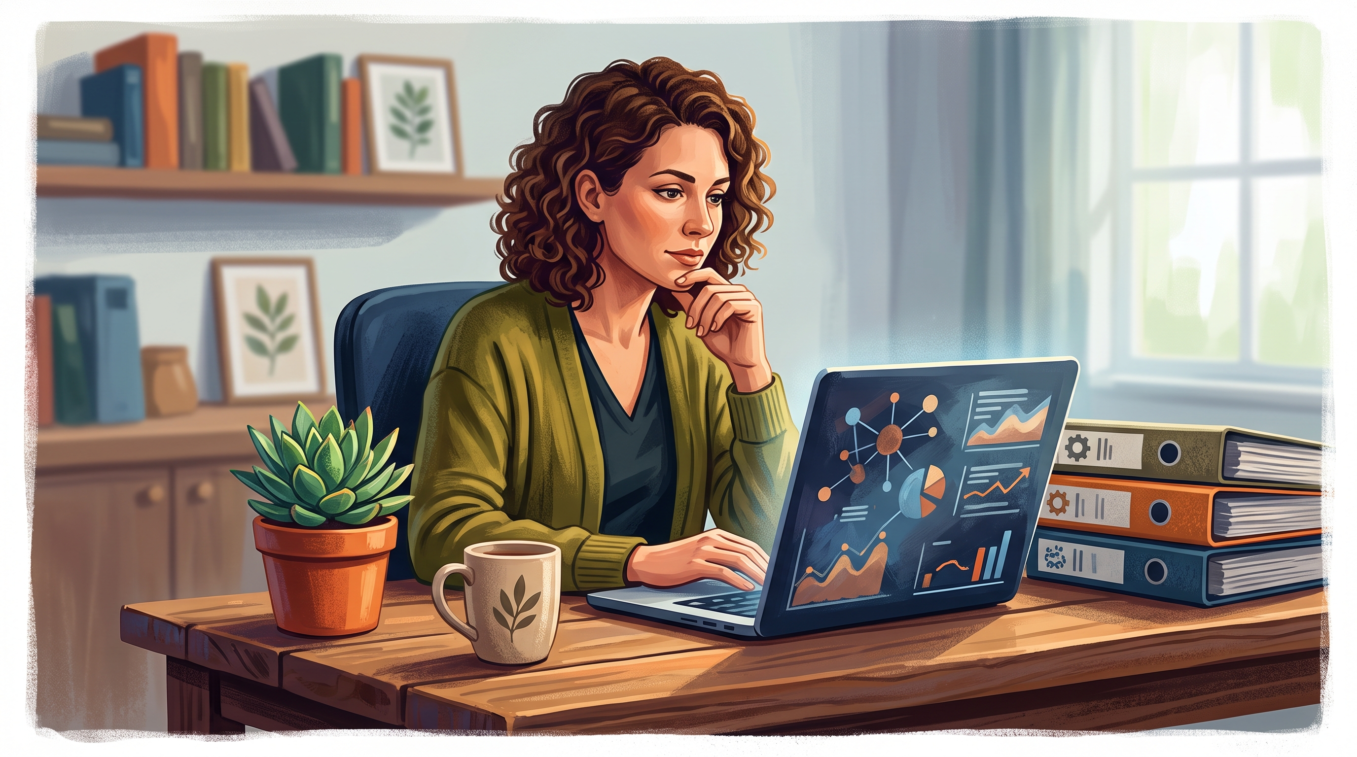 A small team collaborates in a bright office, reviewing an SEO checklist on a laptop, with charts and graphs illustrating organic search strategies and so…