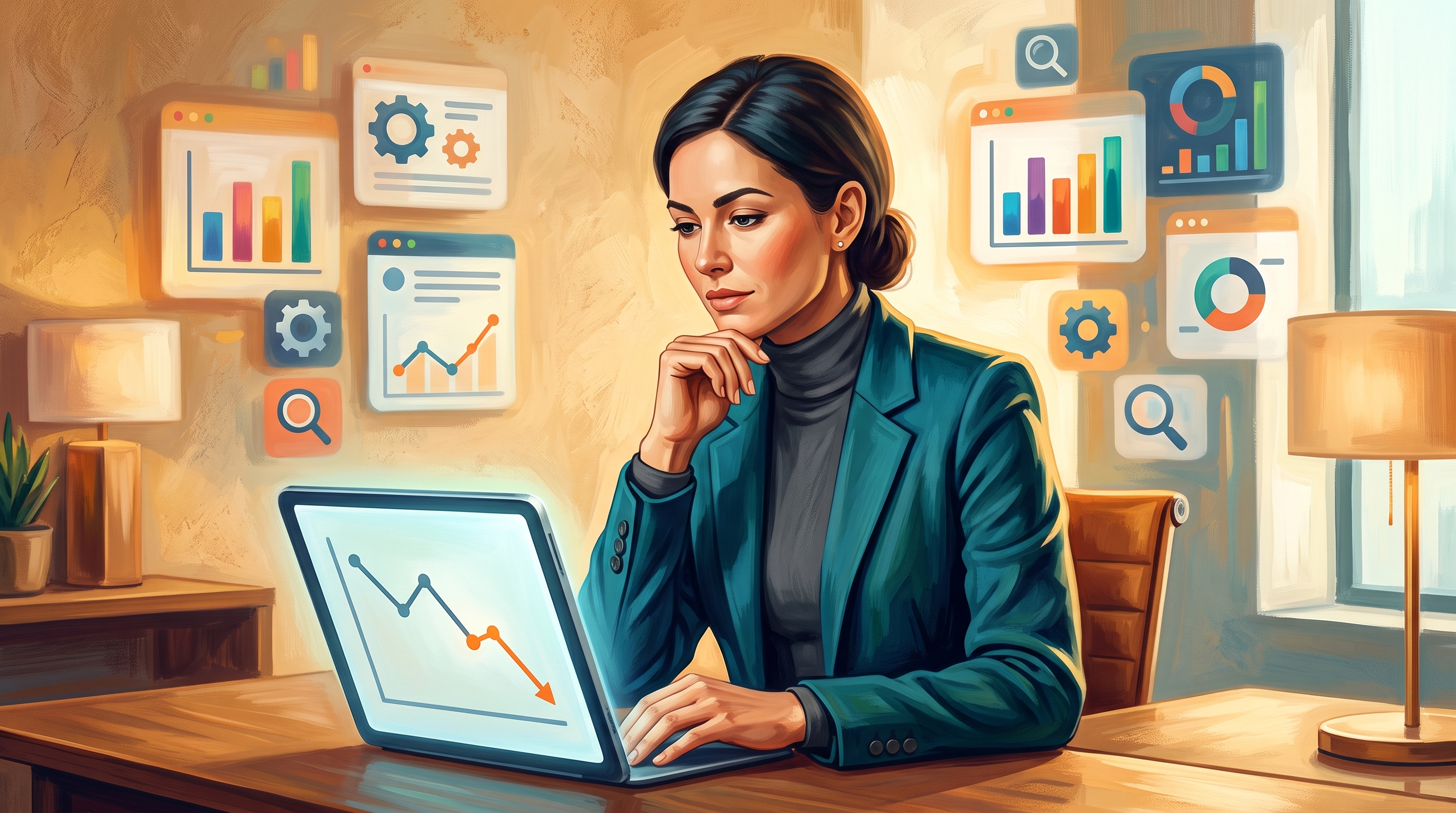 A focused entrepreneur analyzes data on a laptop, surrounded by notes and charts, contemplating the best AI content optimization tool for their website st…
