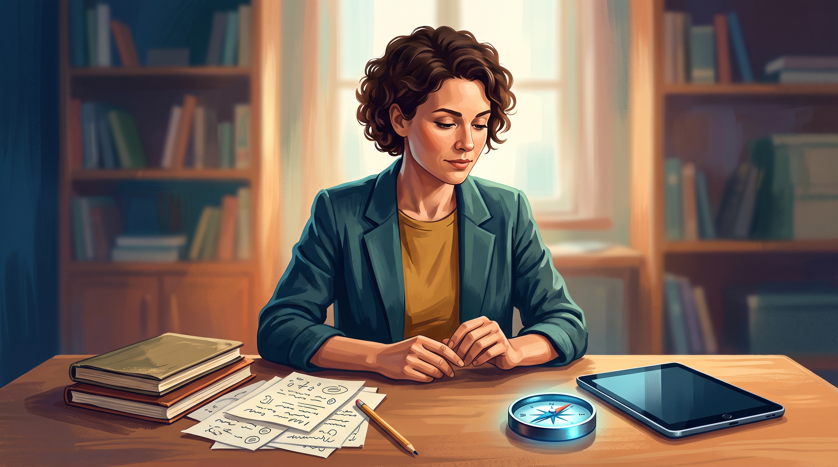 A focused founder analyzing SEO strategies at a desk, surrounded by notes and a laptop, contemplating the balance between manual efforts and automation.