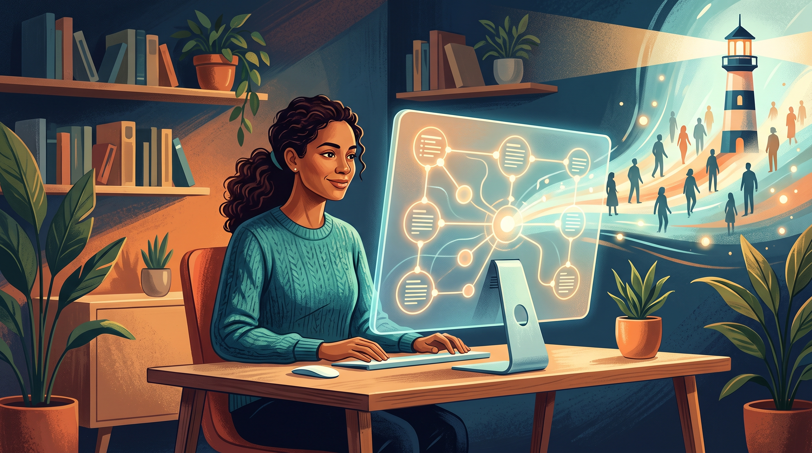 A focused entrepreneur reviews a digital content pipeline on a laptop, surrounded by notes and coffee, embodying the efficiency of content publishing auto…