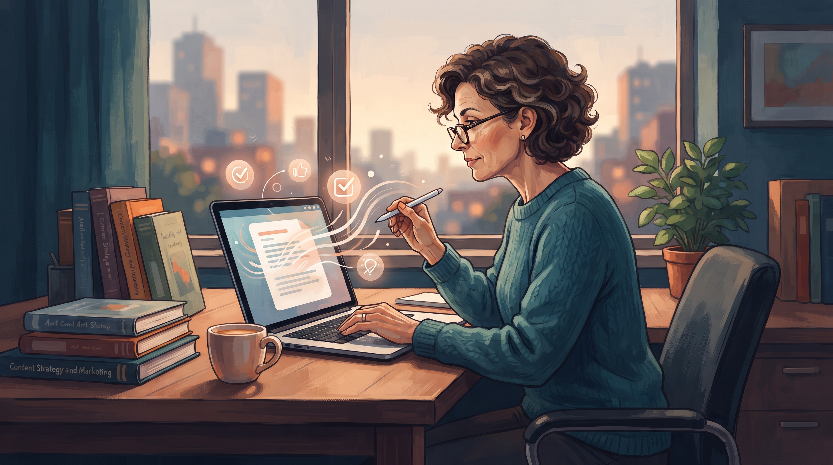 A focused entrepreneur reviews a digital dashboard, analyzing data and strategies for publishing optimized articles, surrounded by notes and a laptop in a…