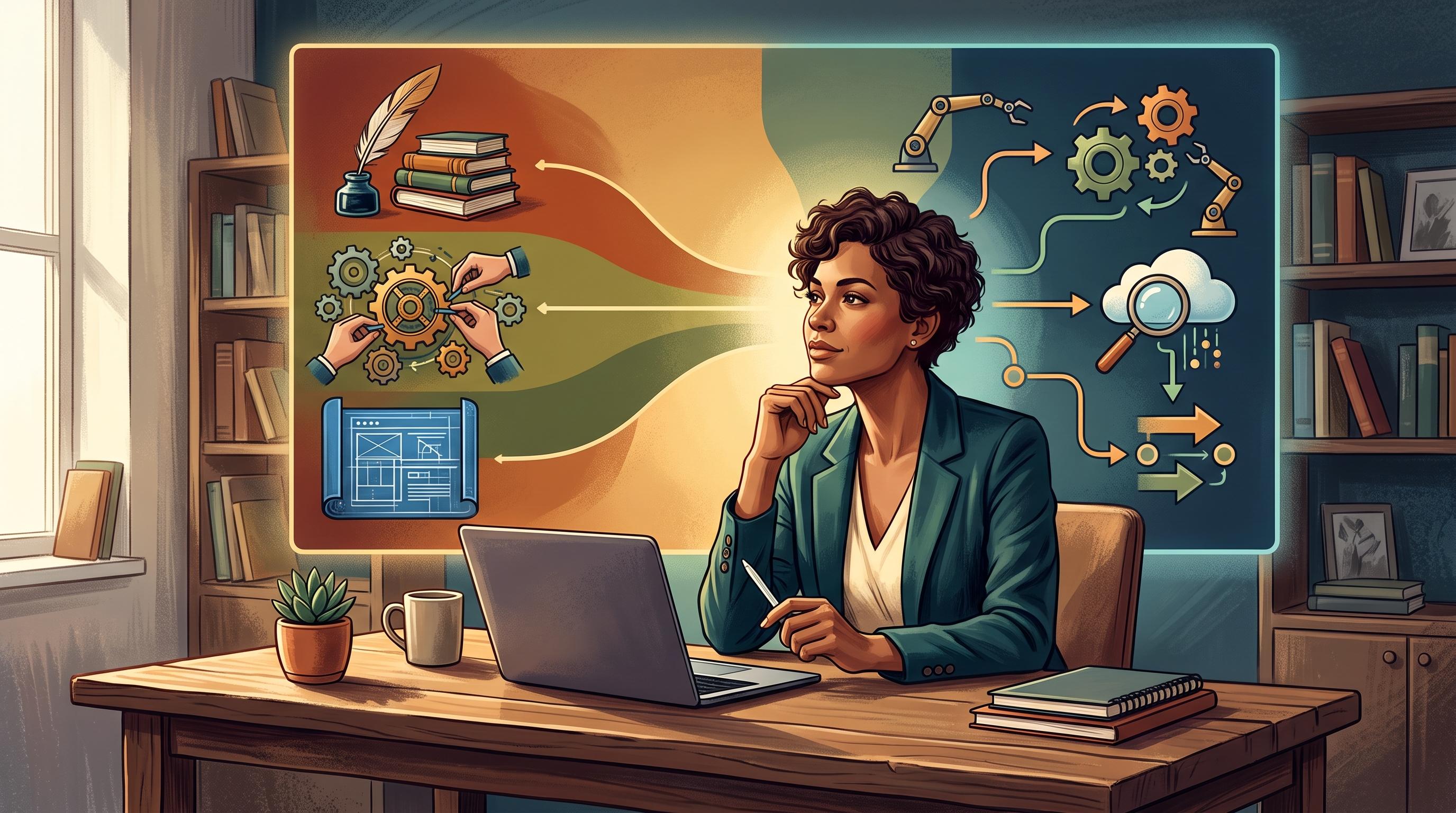 A focused entrepreneur reviews a checklist on a laptop, surrounded by notes and coffee, embodying the proactive approach to mastering SEO without expertis…