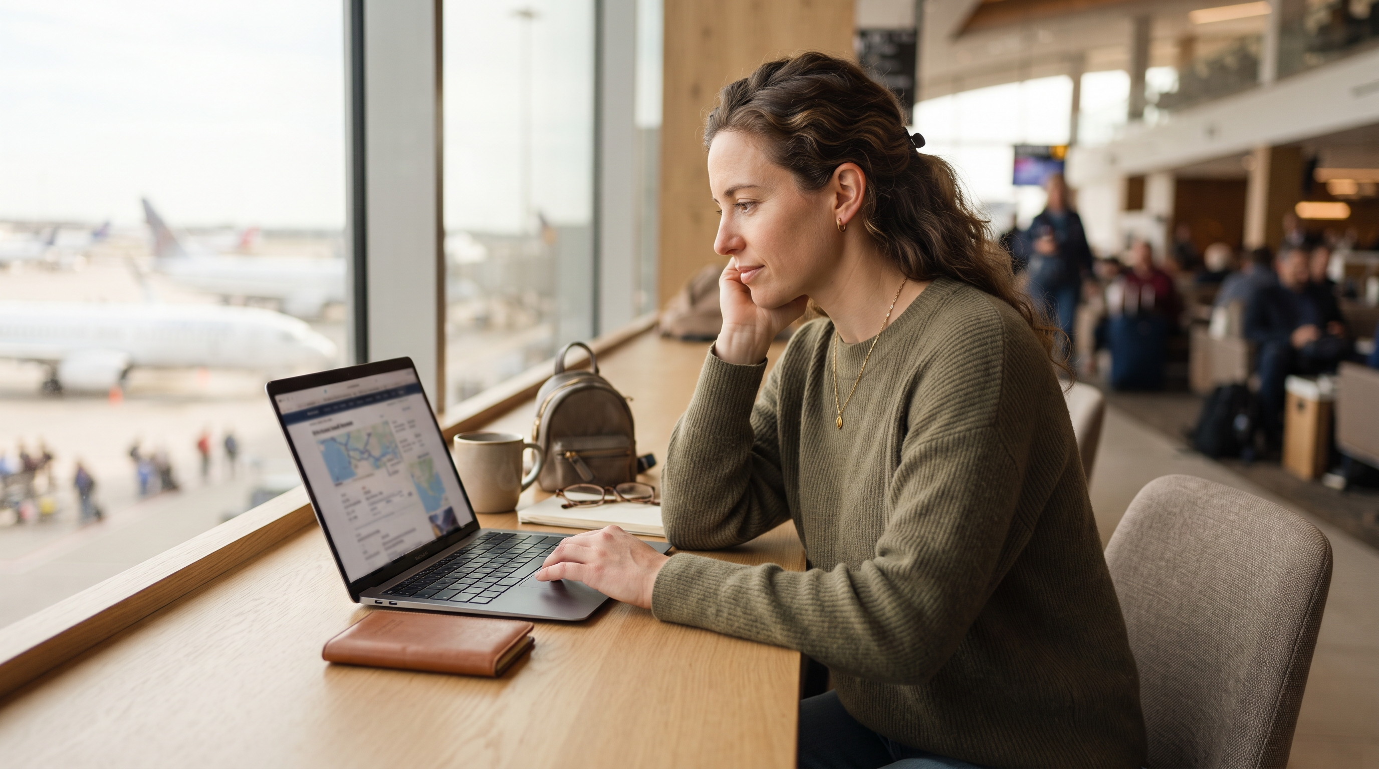 A traveler reviews a travel itinerary app on their smartphone while sitting at a café, surrounded by luggage and a map, capturing the excitement of planni…