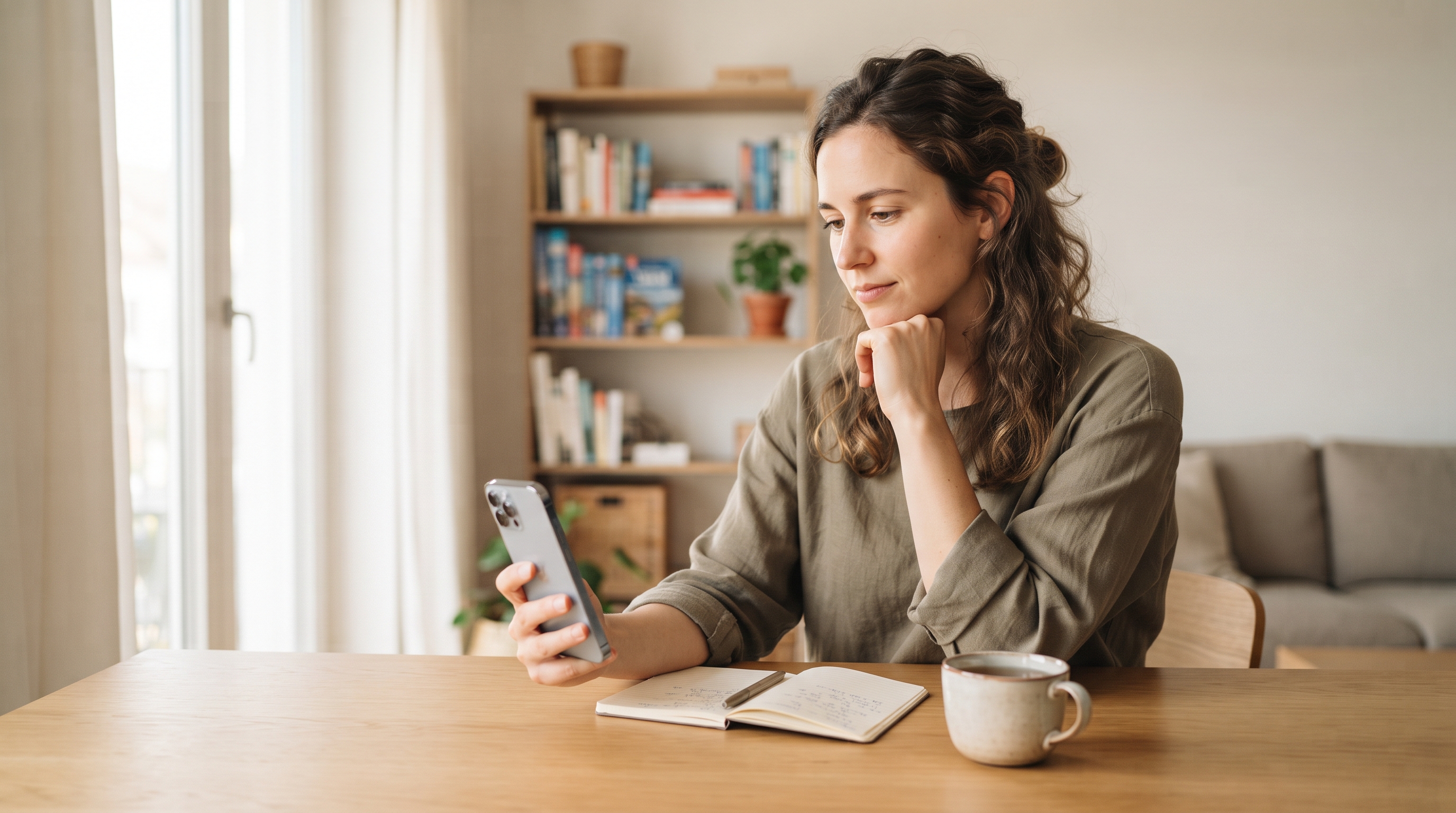 A traveler using an iPhone to compare various travel itinerary apps in a cozy café, surrounded by travel guides and a laptop, focused and engaged in plann…