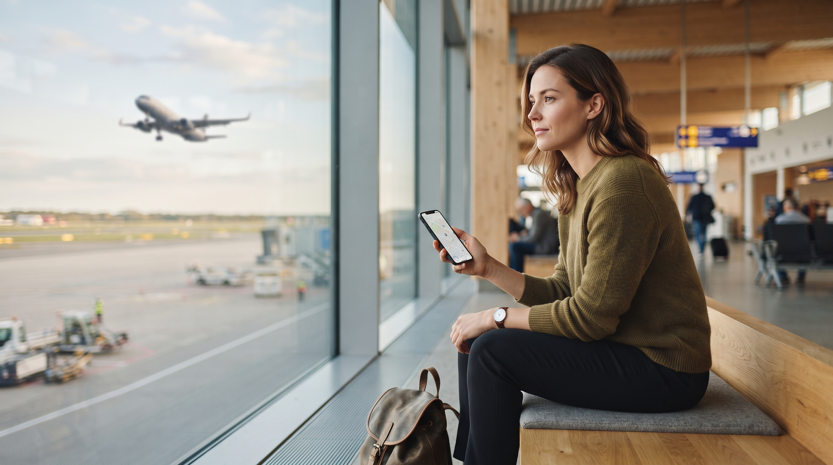A traveler checks a flight tracking app on their smartphone while waiting at an airport, surrounded by fellow passengers and departure screens.