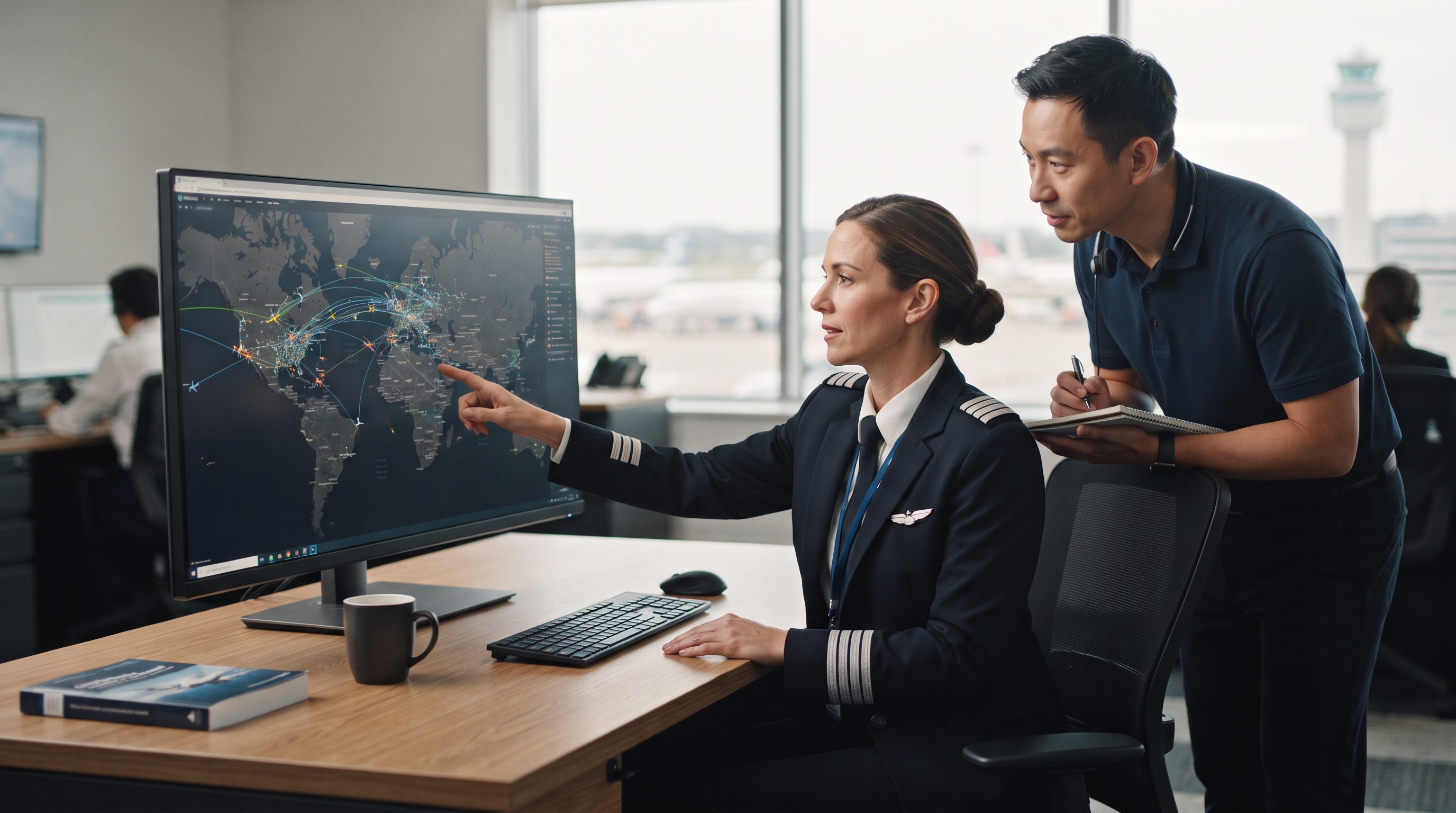 A user analyzing various flight tracking apps on a laptop, surrounded by travel gear, highlighting the importance of features in choosing the best real-ti…