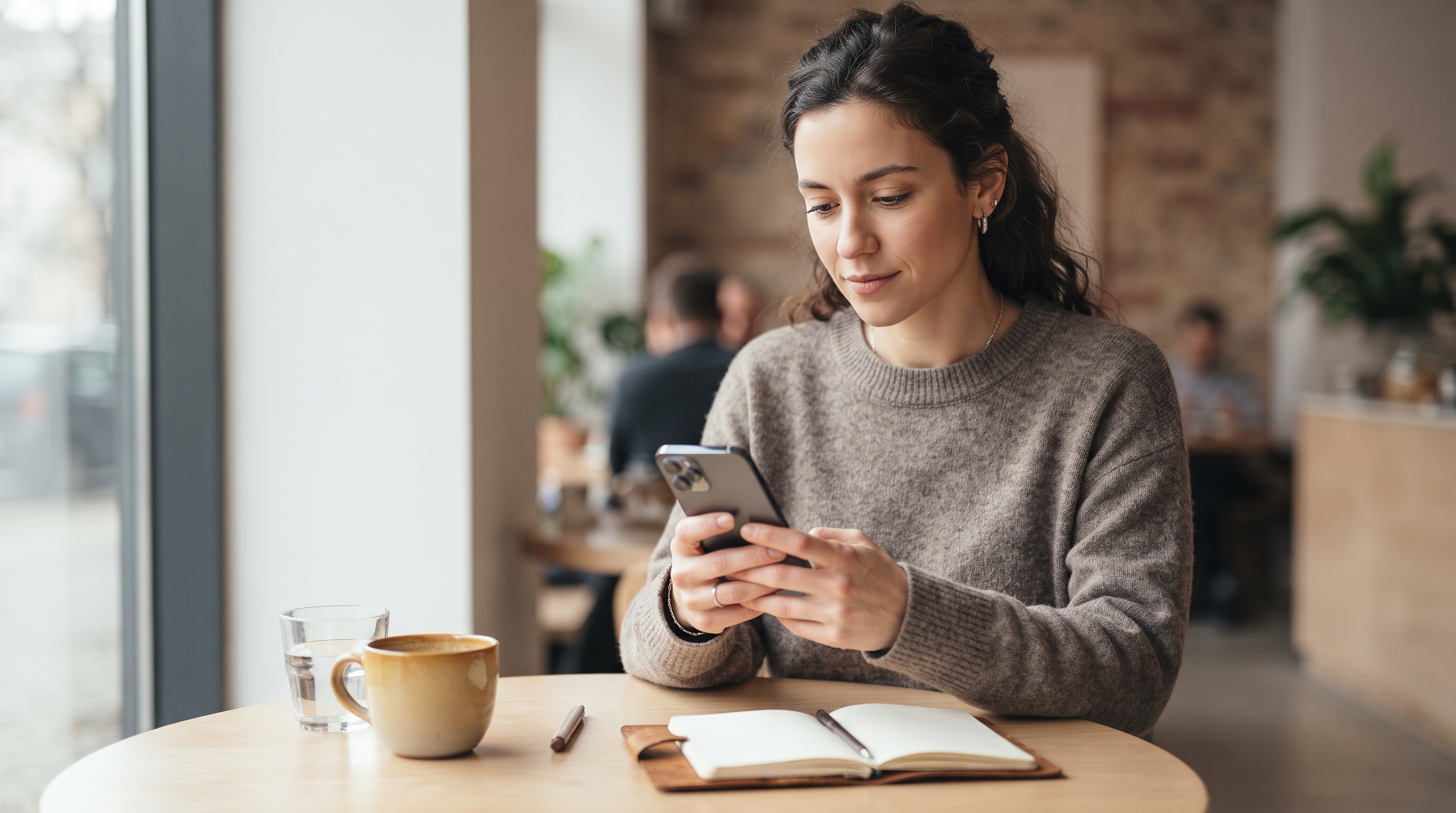 A person using a smartphone to navigate a travel itinerary app in a cozy café, surrounded by travel guides and a laptop, with a focused yet excited expres…