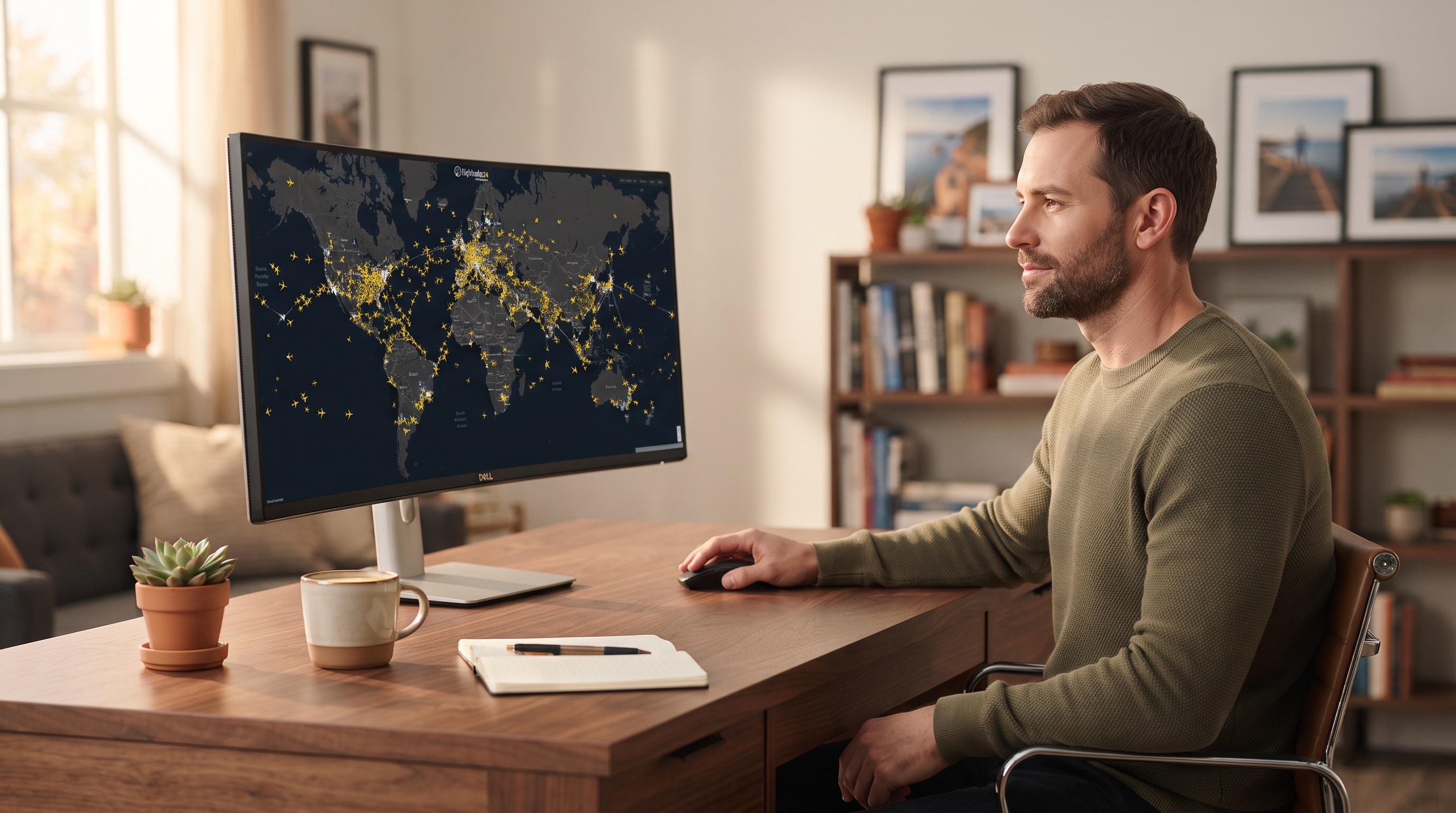 A person using a laptop at an airport gate, analyzing flight data on a screen, surrounded by travelers, conveying focus and the excitement of internationa…