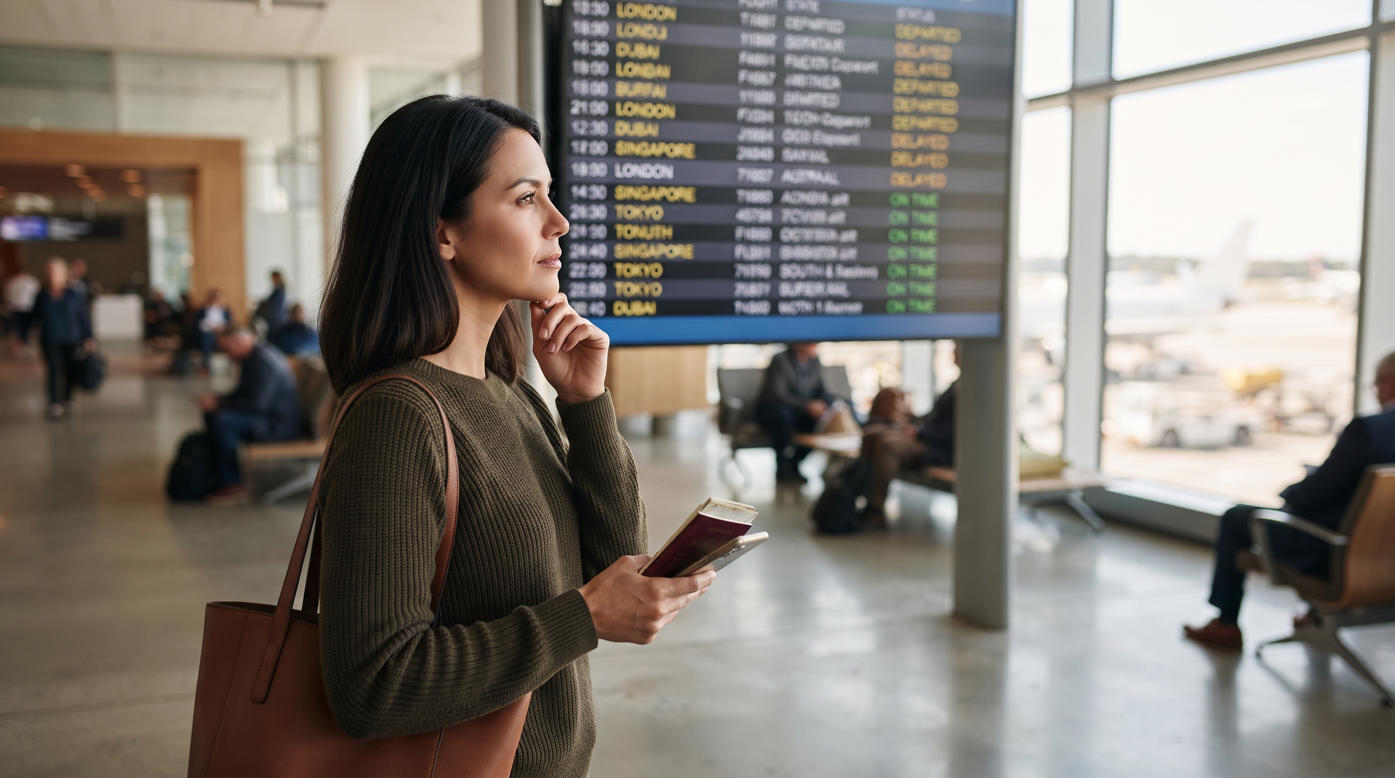 A traveler checks their smartphone for real-time flight status meaning while standing in an airport terminal, surrounded by departure screens and fellow p…