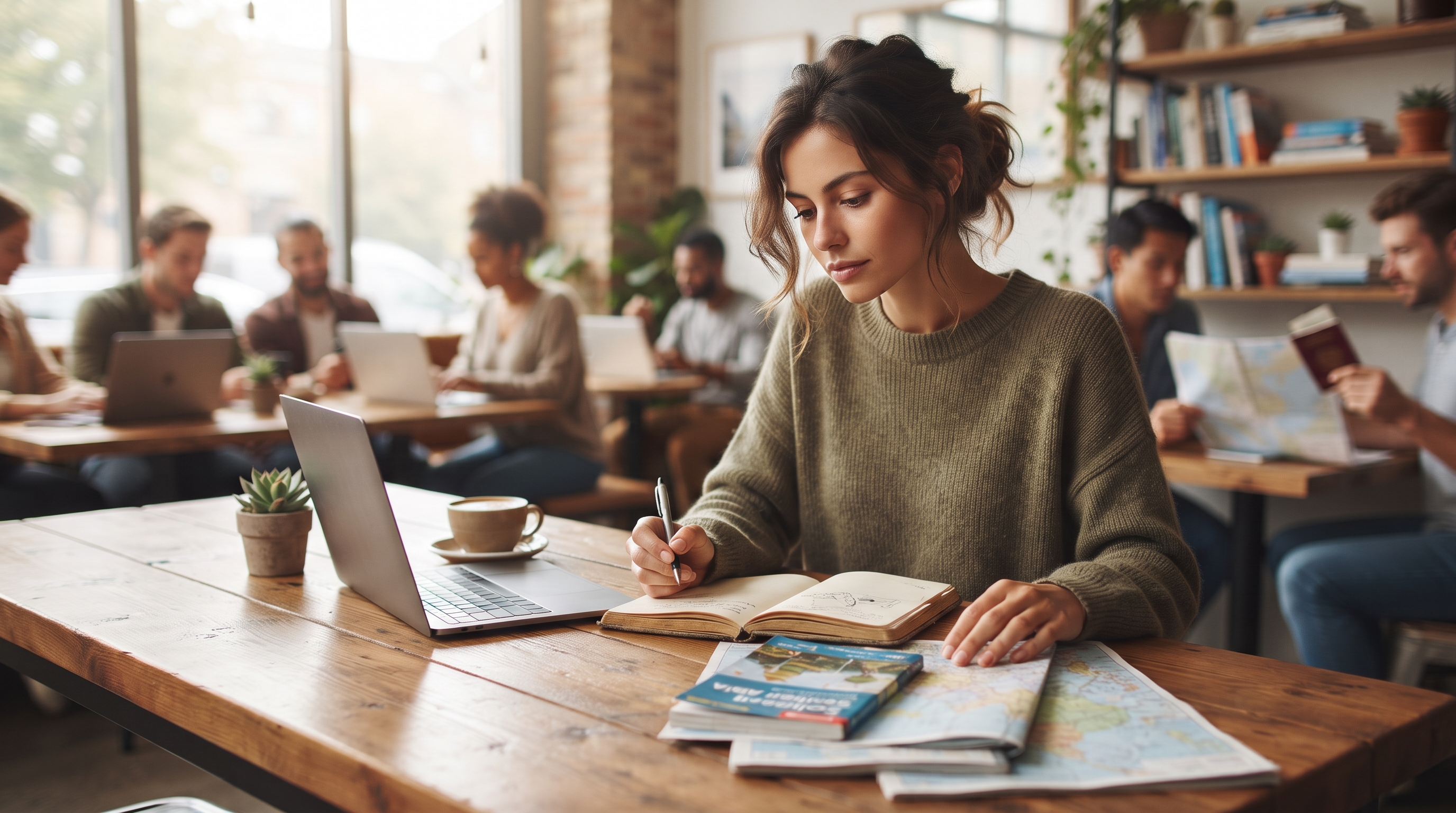 A group of travelers discussing their experiences with various travel itinerary apps in a cozy café, highlighting the contrast between popular opinions an…