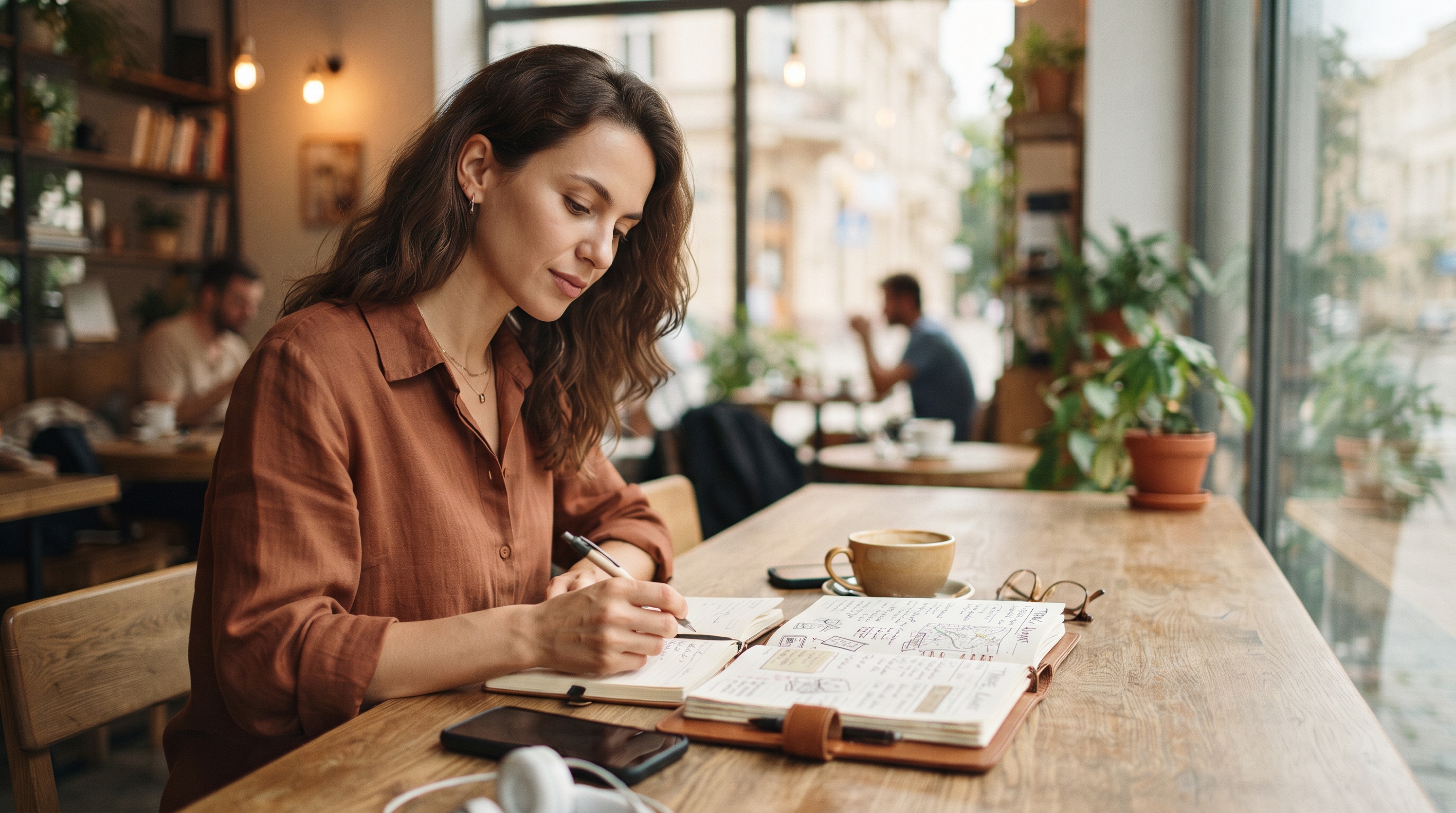 A traveler reviews a detailed itinerary on a tablet at an airport, surrounded by luggage and bustling passengers, highlighting the importance of organized…