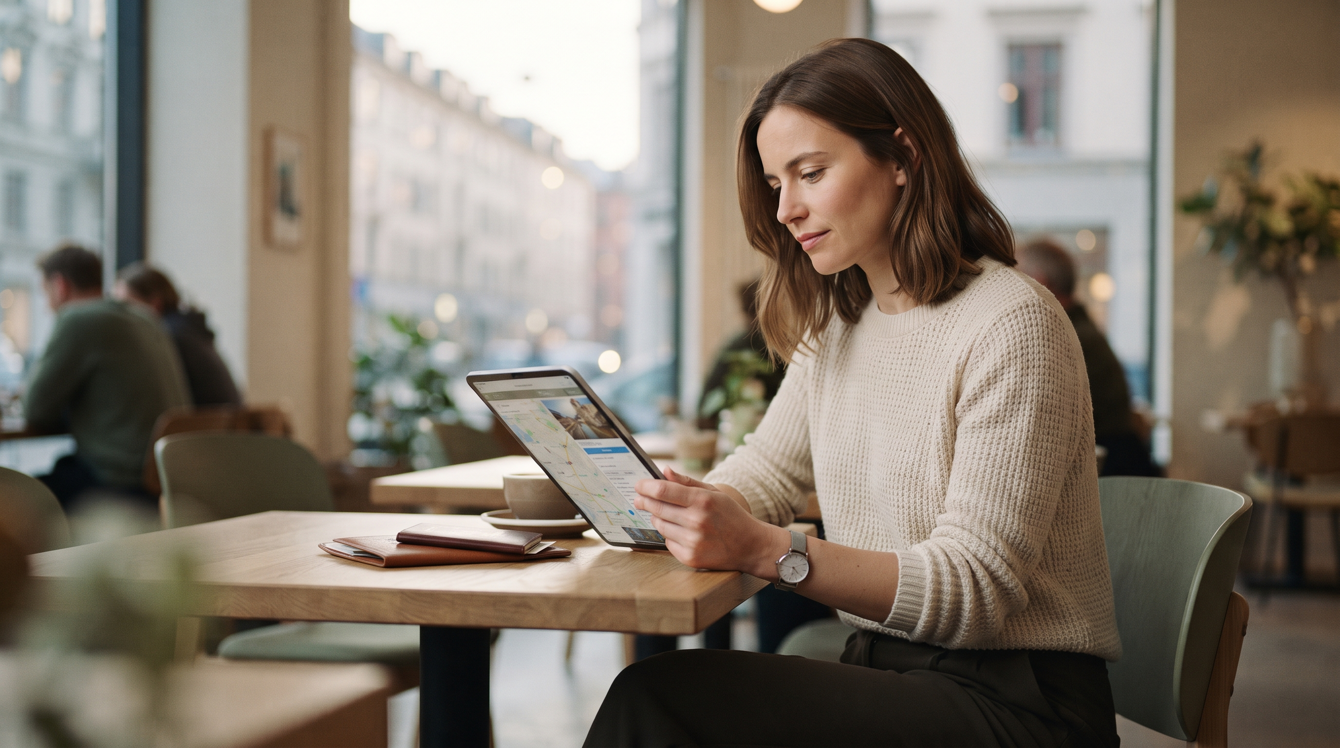 A traveler reviews a travel itinerary app on a tablet, surrounded by luggage and travel essentials, emphasizing the importance of features and data securi…