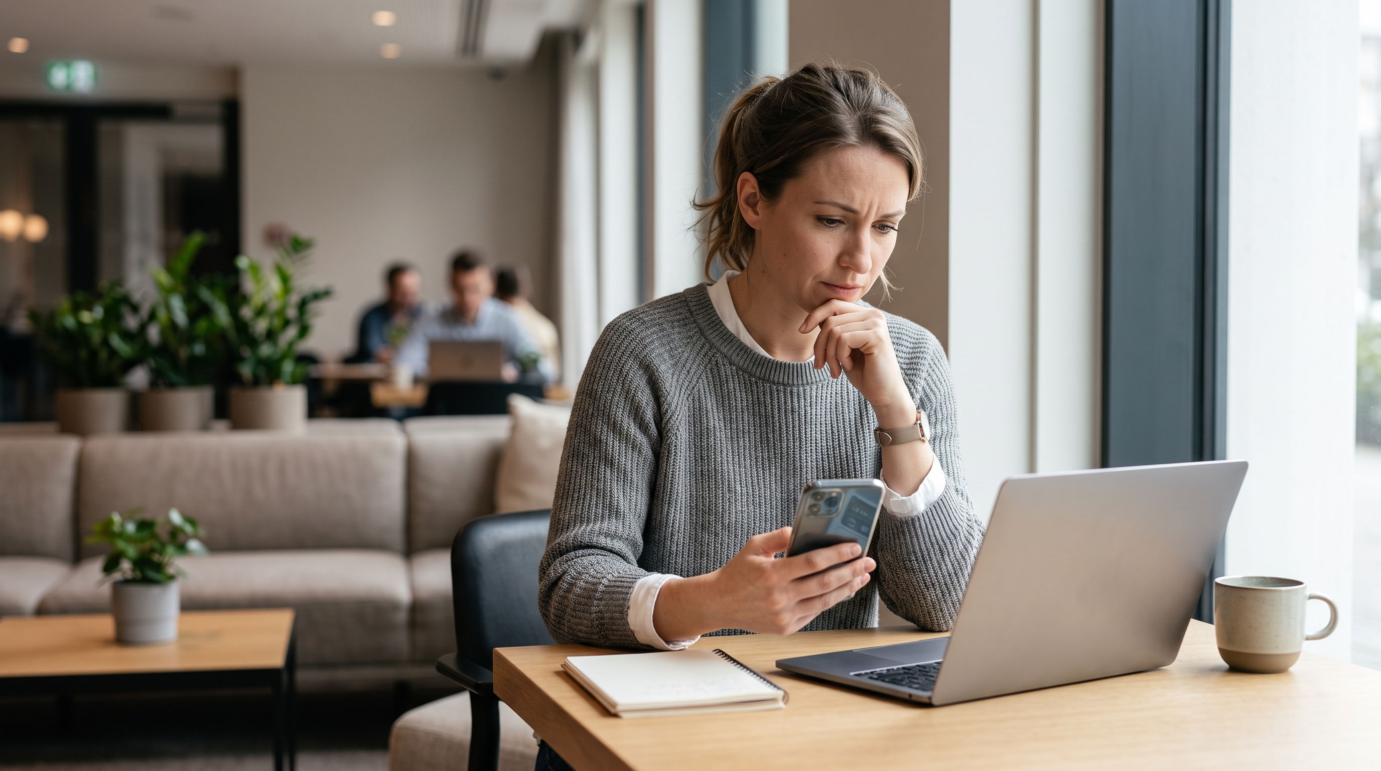 A traveler using a smartphone app to plan their trip at a cozy café, surrounded by travel guides, with a focused expression and a laptop open nearby.