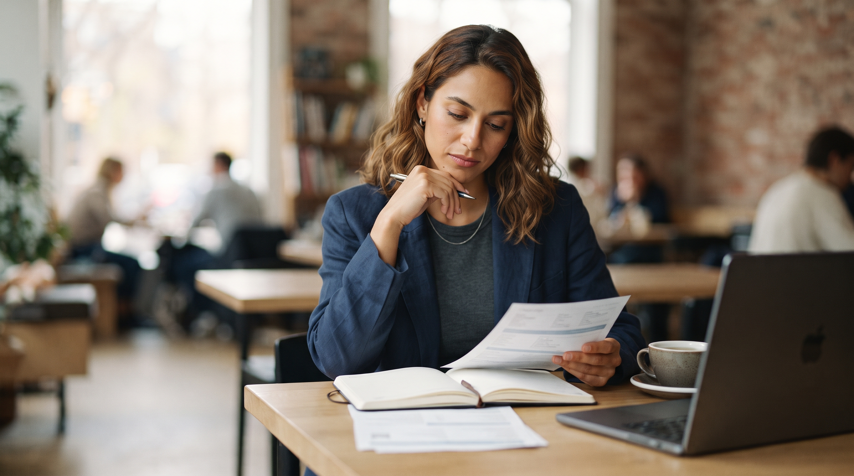 A traveler sits at a cozy café, laptop open, reviewing their disorganized itinerary while sipping coffee, surrounded by travel guides and a bustling city …