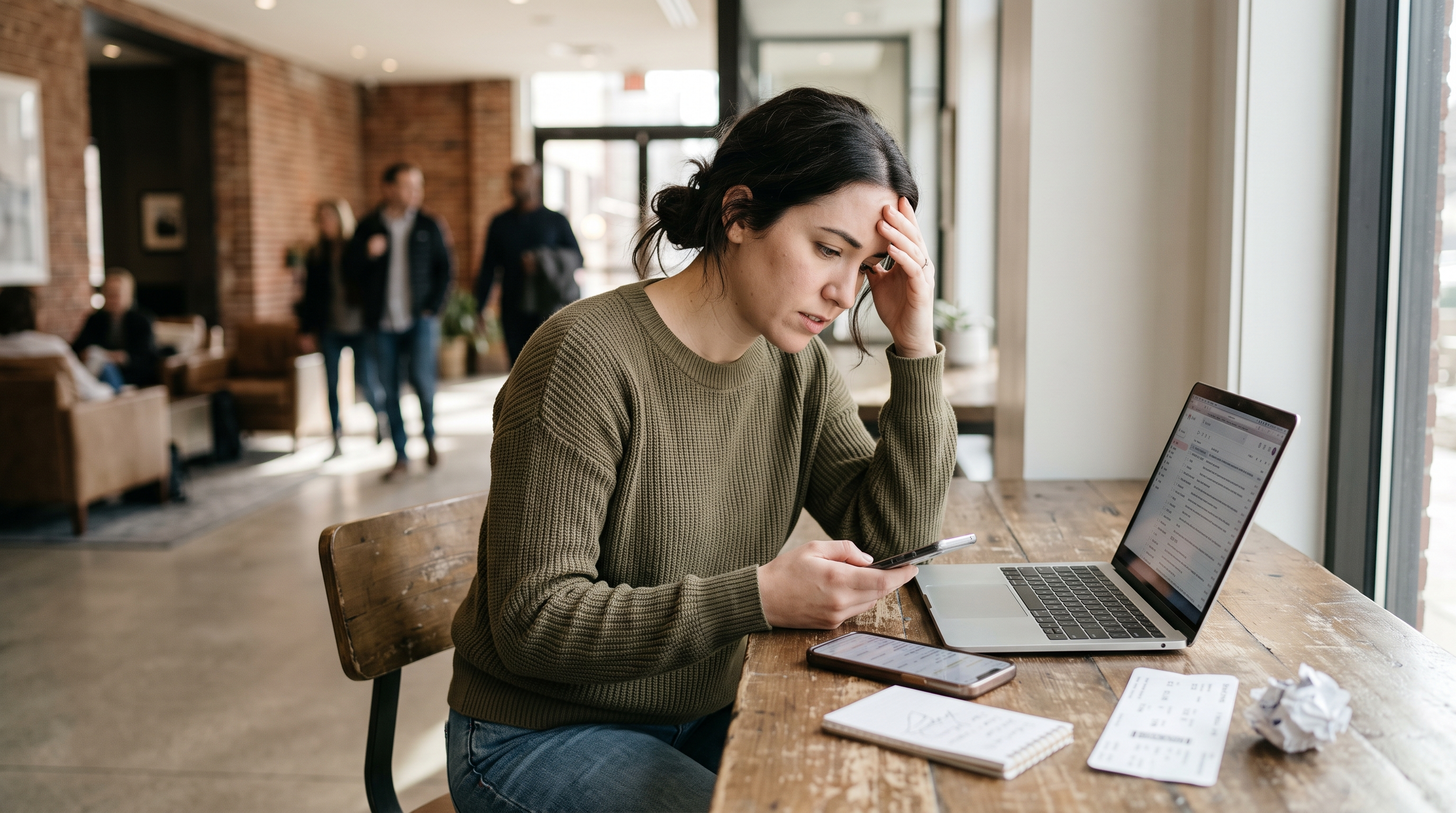 A digital nomad reviews travel organization apps on a laptop at a cozy café, surrounded by travel documents and a coffee, highlighting trip planning essen…
