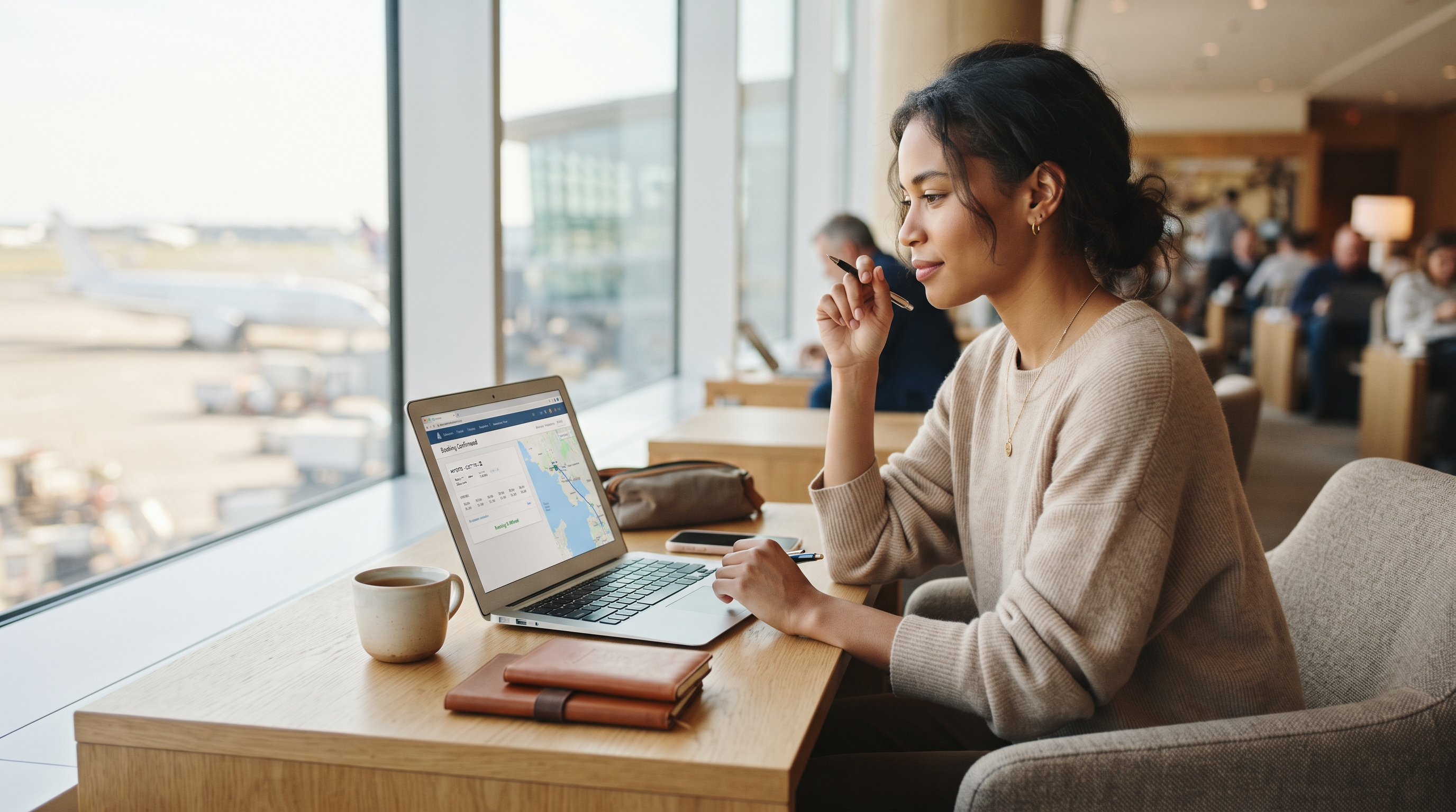 A traveler reviews various itinerary planning apps on a laptop in a cozy café, surrounded by travel guides and a steaming cup of coffee, deep in thought.