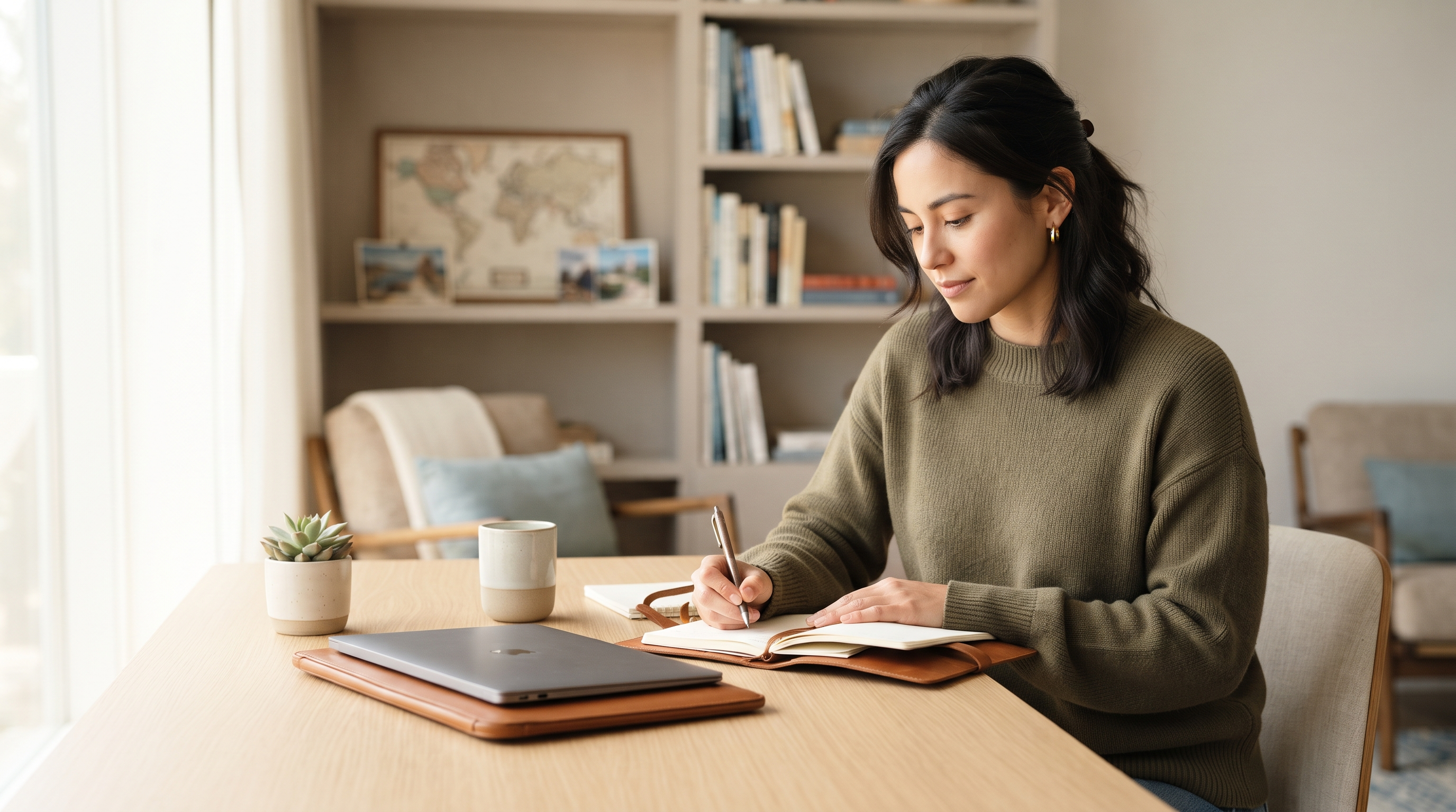 A traveler sits at a cozy café table, laptop open, reviewing organized travel details with a travel booking assistant app, surrounded by travel guides and…